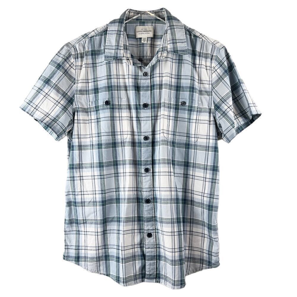 Lucky Brand Plaid Short Sleeve Stretch Cotton Button Down‎ Shirt Men's Size L